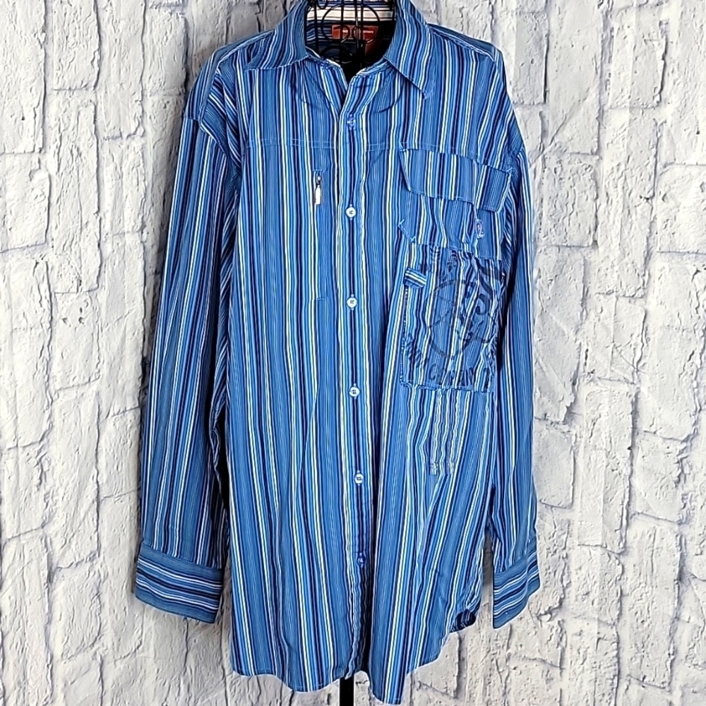 ROCAWEAR‎ Blue and White Striped Casual Shirt Large